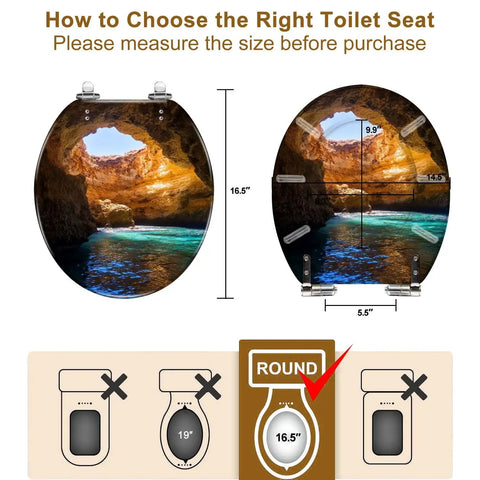 Laid Back Tropical Paradise Round Resin Toilet Seat Cover With Smooth Slow Close Action And Snappy Quick Release Hinges For Effortless Cleanup And A Tight Seal On Standard American Bathrooms with measurement guidance.