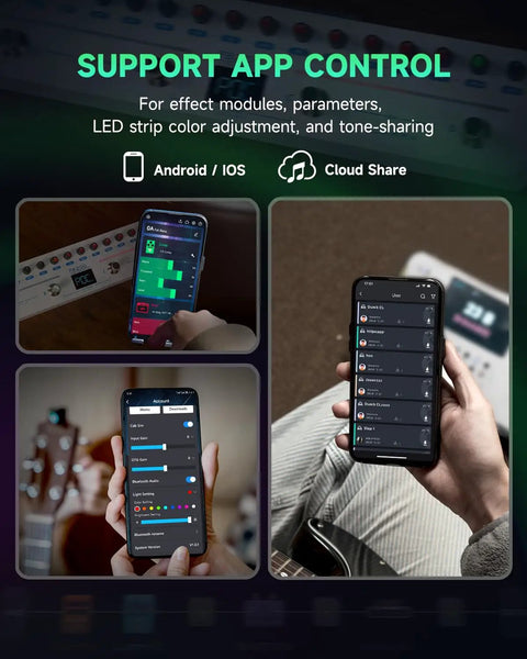 People using mobile apps to control FB200 Bass Multi-Effects Pedal Intelligent Processor with interface shown on screens.