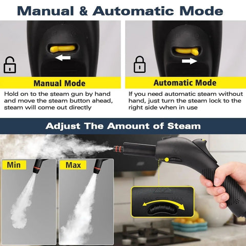 Manual and automatic mode controls of Premium 4.5 Bar High Pressure Handheld Steam Cleaner for deep home cleaning.