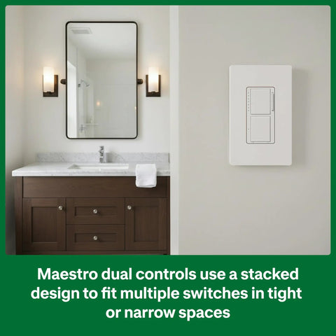 Maestro LED Plus Dual Dimmer And Switch Two In One Control for 75 Watt LED Bulbs and 2.5 Amp Fans single pole white finish on wall