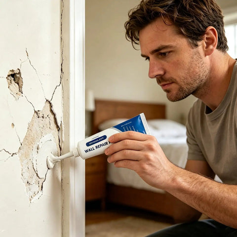 DIY Wall Repair Paste Quick Dry Putty For Holes Cracks And Dents On Drywall Tile Concrete Shower And Bathroom Surfaces Seamless Patch Kit being applied to a cracked wall