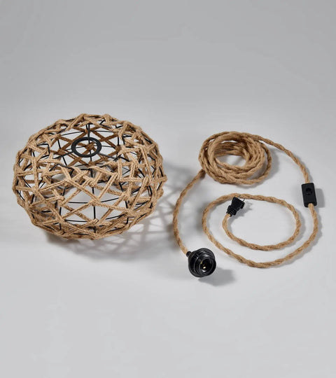 Plug In Boho Pendant Light With Hemp Rope Cord 15.1 Feet Long, Woven Rattan Cage Hanging Lamp, On Off Switch, Retro Coastal Wicker Style
