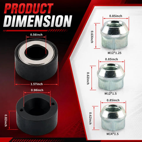 Heavy Duty Wheel Stud Installer Kit With 3 Type Hex Lug Nuts For Fast Car Repair OEM Standard Tool To Install New Auto Parts Safely Without Stripping Threads. Dimensions shown for M12 and M14 steel nuts