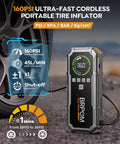 160 PSI ultra-fast cordless portable tire inflator next to car wheel on pavement