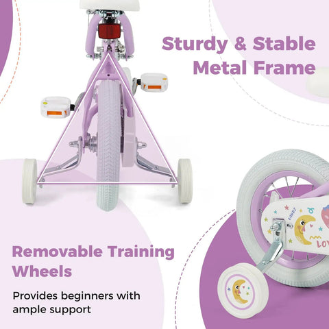 Rear view of Kids 12 Inch Bike For Girls And Boys Ages 3 To 8 Training Wheels Coaster Brake Height Adjustable Handlebar in purple