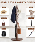 Freestanding Wooden Coat Rack With Eight Rounded Tip Hooks Three Adjustable Heights Hat And Coat Tree Stand For Entryway Hallway Bedroom Or Office Sturdy Brown Finish with accessories.
