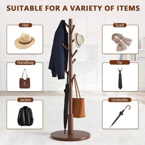Freestanding Wooden Coat Rack With Eight Rounded Tip Hooks Three Adjustable Heights Hat And Coat Tree Stand For Entryway Hallway Bedroom Or Office Sturdy Brown Finish with accessories.
