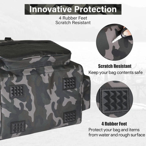 Close-up of All In One Fishing Tackle Backpack With Integrated Cooler Bag 53L Waterproof Gear Backpack showing rubber feet and scratch-resistant material.