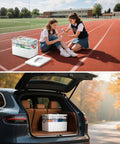 White plastic 3-tier portable medicine organizer with handle, opened to show compartments; on track field with two girls and in a car trunk view.