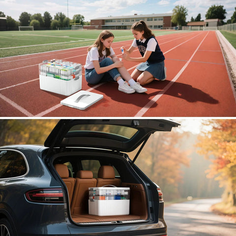 White plastic 3-tier portable medicine organizer with handle, opened to show compartments; on track field with two girls and in a car trunk view.