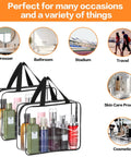 Two Piece Large Clear Makeup Organizer Set With Durable Plastic Tote Bags filled with toiletries in a travel setting