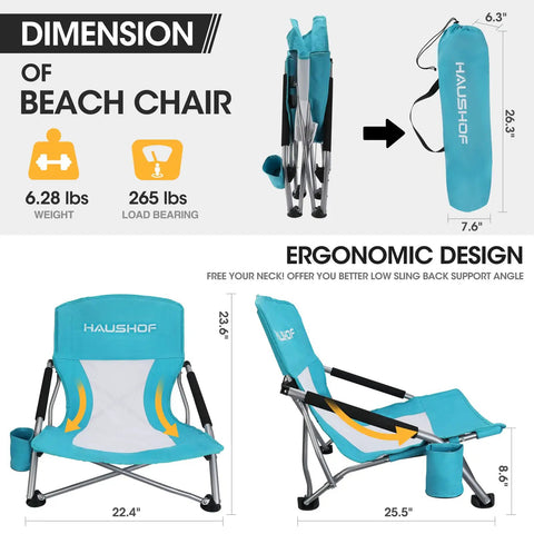 Dimensions of Low Beach Chair With Mesh Back And Cup Holder, Foldable Camp Chair For Outdoor Use shown with carry bag