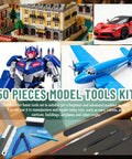 Collage featuring All In One Model Tools Kit For Beginners And Pros, 50 Piece DIY Hobby Craft Set, models of buildings, cars, robots, and planes.