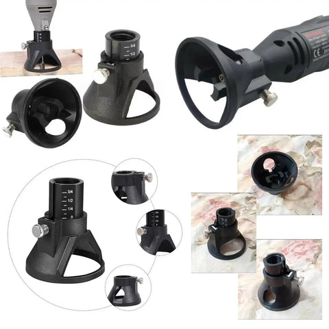 Dual Pack Rotary Tool Guide Router Attachment Locator With Depth Gauge For Precise Cutting Carving Engraving Grinding Milling And Drill Bit Positioning In Woodworking Projects By TorSor shown detached and attached to tool