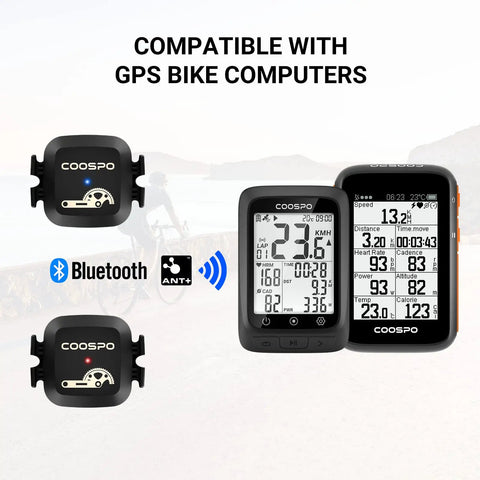 Dual Bike Cadence And Speed Sensor Kit With Wireless Bluetooth And ANT Plus for bike computers, displayed with GPS compatibility.