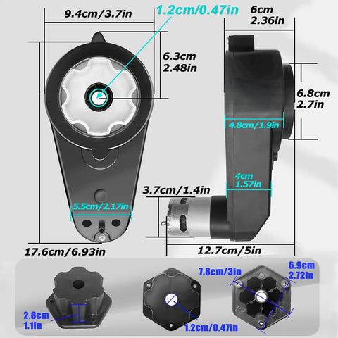 Dimensions of 2 Pack RS555 High Torque Motor Gearbox Upgrade Kit For 18V 21V Ride On Toys shown in side view