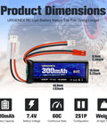 7.4V 2S 60C Burst 120C 300mAh LiPo Battery With JST Red And PH2.0 White Plugs dimensions for RC cars and airplanes