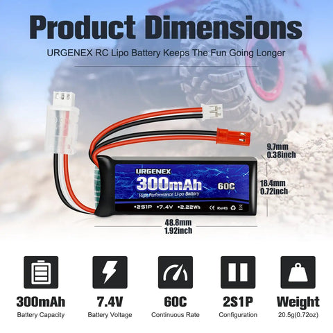 7.4V 2S 60C Burst 120C 300mAh LiPo Battery With JST Red And PH2.0 White Plugs dimensions for RC cars and airplanes
