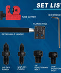 Gearoll brake line flaring tool kit with detachable handle, tube cutter, flaring block, hex wrench, and punches/bolts
