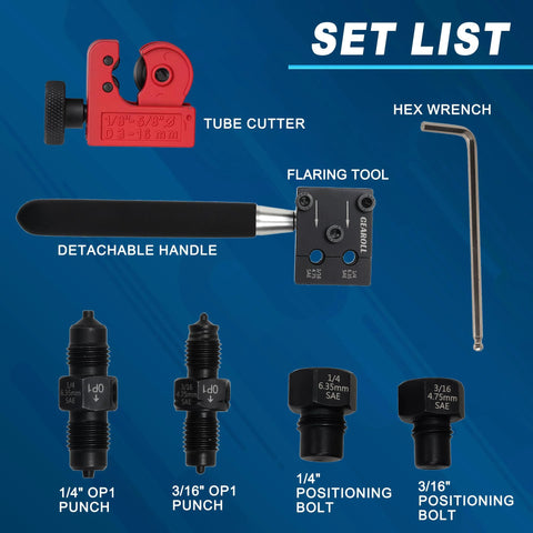 Gearoll brake line flaring tool kit with detachable handle, tube cutter, flaring block, hex wrench, and punches/bolts