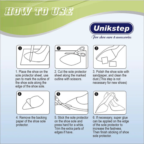 Illustration showing steps to apply Two Pairs Across Four Pieces Wave Pattern Shoe Sole Protectors with Self Adhesive Anti Slip Grips.
