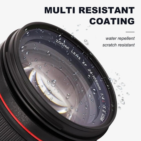 77mm UV Protection Filter for Camera Lens with water repellent multi coating, close-up view on lens surface.