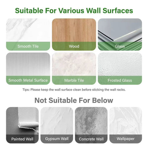 Compatibility chart for Five Pack Wall Mounted Mop And Broom Holder Set with various wall surfaces and non-suitable examples.