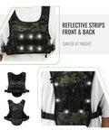 Hands Free Tactical Chest Pack for Men Lightweight Hydration Bag with reflective strips shown from front and side views.