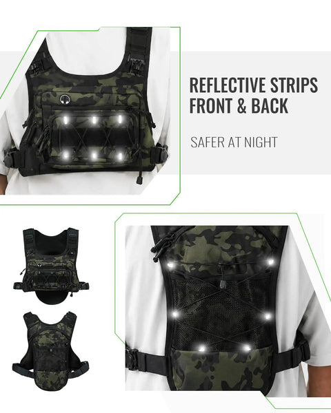 Hands Free Tactical Chest Pack for Men Lightweight Hydration Bag with reflective strips shown from front and side views.