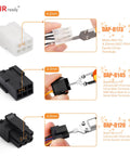 Heavy Duty Molex Pin Extractor Tool For Mini Fit Jr Terminals With Built In Plunger Depinning Setup No Sweat Electrical Wire Contact Puller, showing tool in use on 4.2mm and 3.0mm connectors.