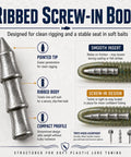 Ribbed screw-in body for soft plastic lures, pointed tip and compact profile, part of the Slick Screw In Nail Fishing Weights Kit.