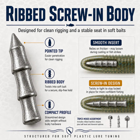 Ribbed screw-in body for soft plastic lures, pointed tip and compact profile, part of the Slick Screw In Nail Fishing Weights Kit.