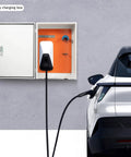 Built Like A Tank Wall Mounted EV Charger Armor Box With Combo Lock Cable Management Tray For Garage Outdoor Install Weather Resistant Cover To Keep Your Rig Safe From Storms on wall with car charging.