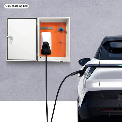 Built Like A Tank Wall Mounted EV Charger Armor Box With Combo Lock Cable Management Tray For Garage Outdoor Install Weather Resistant Cover To Keep Your Rig Safe From Storms on wall with car charging.