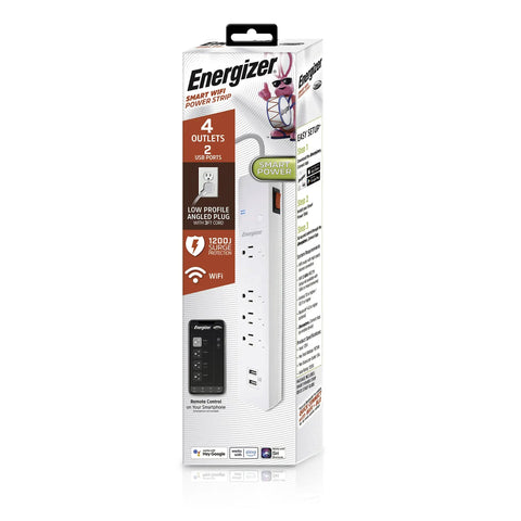 Smart Wi Fi Power Strip Surge Protector With Four Outlets Two Usb Ports Keeps Your Gear Fully Charged A Real Game Changer For Smart Homes Featuring Voice Commands And Totally Hassle Free App Scheduling, white packaging with features.