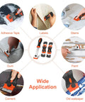 Three Pack Razor Blade Scraper Set With 60 Blades Long Handle Double End Plastic Scrapers And Metal Blades For Glass Windows Cooktops Multi Purpose Sticker Removal Paint And Gum Cleaning Orange shown in various uses.