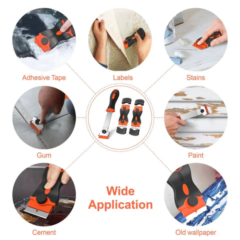 Three Pack Razor Blade Scraper Set With 60 Blades Long Handle Double End Plastic Scrapers And Metal Blades For Glass Windows Cooktops Multi Purpose Sticker Removal Paint And Gum Cleaning Orange shown in various uses.
