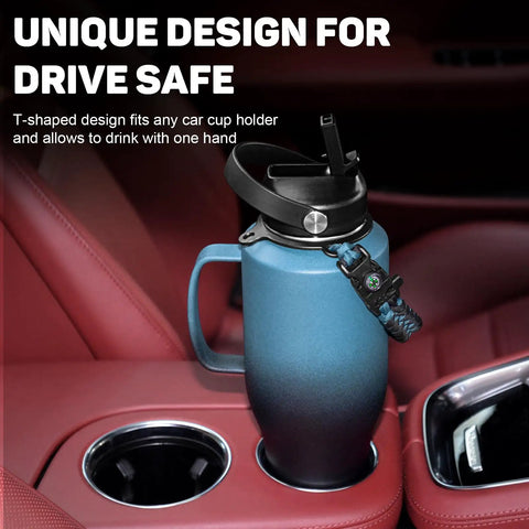 Squad Sized 40 Oz Insulated Water Bottle With Straw Lid That Finally Fits In Car Cup Holders, placed in a car cup holder for easy access.