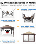 Instructions for setting up a 13x13 Pop Up Gazebo With Mosquito Netting, Quick One Push Setup, No Tools.