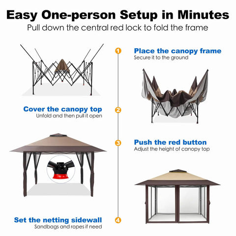 Instructions for setting up a 13x13 Pop Up Gazebo With Mosquito Netting, Quick One Push Setup, No Tools.