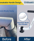 Image showing a comparison of a broken handle versus an upgraded weed eater handle extension with seamless design.