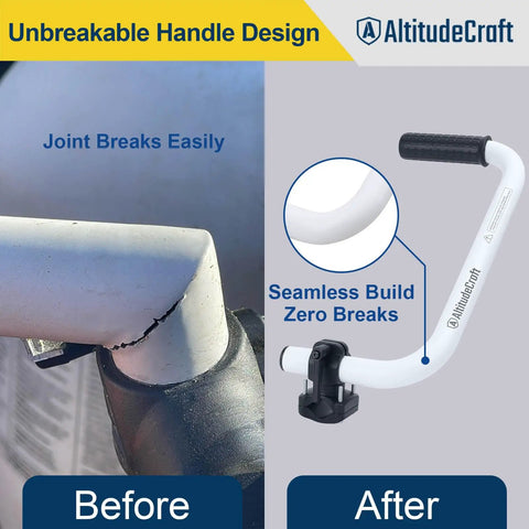 Image showing a comparison of a broken handle versus an upgraded weed eater handle extension with seamless design.