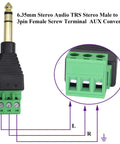 1/4 Inch TRS Audio Screw Terminal Block Adapter, 6.35mm Male to 3 Pin Female Bolt Screw Terminals, Solderless DIY Audio Connector