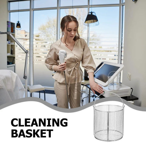 Shineofi Stainless Steel Cleaning Basket For Ultrasonic Machines Heat Resistant Precision Perforated Dip And Drain Tray Ideal For Lab Parts And Delicate Items Ultimate Cleanup Tool positioned next to a user at a professional workstation.