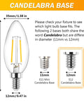 Diagram of LED E12 Candelabra Bulbs 4W 2700K Warm White comparison showing base size and filament detail.