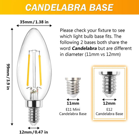 Diagram of LED E12 Candelabra Bulbs 4W 2700K Warm White comparison showing base size and filament detail.
