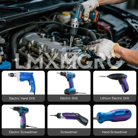 Mechanic using 5 Point Security Torx Bit Set, 10 Pc Magnetic S2 Alloy Steel Driver Bits on engine repair with drills displayed