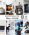 Collage showing appliances and electronics using Short Power Extension Cord with low profile wall head, rated 1875W for indoor use.