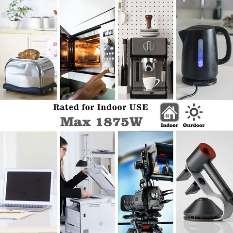 Collage showing appliances and electronics using Short Power Extension Cord with low profile wall head, rated 1875W for indoor use.