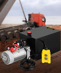 Single Acting 12V DC Hydraulic Pump Power Unit For Dump Trailer, 3.75 Gallon Capacity, Steel Construction, Fast Start, Built Tough